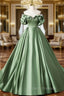 A-Line Off Shoulder Satin Green Long Formal Prom Dress, Green Long Formal Dress
