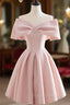 A-Line Off Shoulder Satin Pink Short Formal Prom Dress, Pink Homecoming Dress