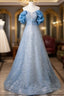 A-Line Off Shoulder Sequin Beads Blue Long Formal Prom Dress Sparkly Formal Dress