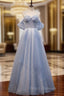 A-Line Off Shoulder Tulle Gray Blue Long Formal Prom Dress, Gray Blue Long Formal Dress