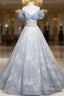 A-Line Off Shoulder Tulle Lace Beads Blue Long Formal Prom Dress, Blue Long Formal Dress