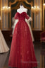 A-Line Off Shoulder Tulle Lace Dark Red Long Formal Prom Dress