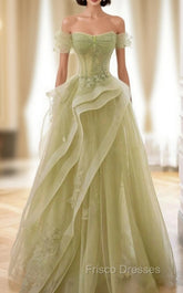 A-Line Off Shoulder Tulle Lace Green Long Formal Prom Dress, Green Long Graduation Dress