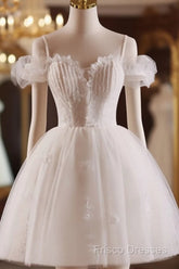 A-Line Off Shoulder Tulle Lace Light Champagne Short Formal Prom Dress