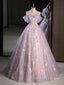 A-Line Off Shoulder Tulle Lace Purple Long Formal Prom Dress, Purple Formal Dress
