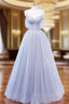 A-Line Off Shoulder Tulle Sequin Gray Long Formal Prom Dress, Gray Tulle Formal Dress