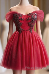 A-Line Off Shoulder V Neck Tulle Burgundy Short Formal Prom Dress With Beads