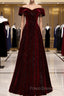 A-Line Off Shoulder Velvet Burgundy Long Formal Prom Dress, Burgundy Long Formal Dress