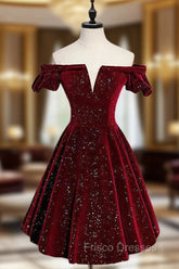A-Line Off Shoulder Velvet Burgundy Short Formal Prom Dress, Burgundy Homecoming Dress