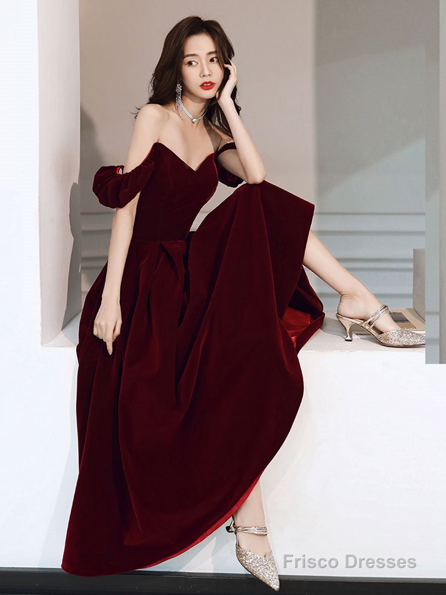 A-Line off Shoulder Velvet Tea Length Burgundy Prom Dress, Burgundy Ev