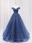 A Line Off the Shoulder Shiny Blue Long Formal Prom Dress, Off Shoulder Shiny Blue Formal Evening Dress