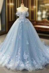 A-Line Off-The-Shoulder Sweetheart Sweep Train Tulle Formal Prom Dress, Sky Blue Applique Wedding Dress