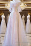 A Line Off The Shoulder Tulle Pink Formal Prom Dress Evening Dress