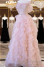 A Line Off The Shoulder Tulle Pink Tiered Formal Prom Dress Evening Dress