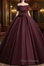 A-Line Off the Shoulders Satin Maroon Long Formal Prom Dress, Maroon Long Formal Dress