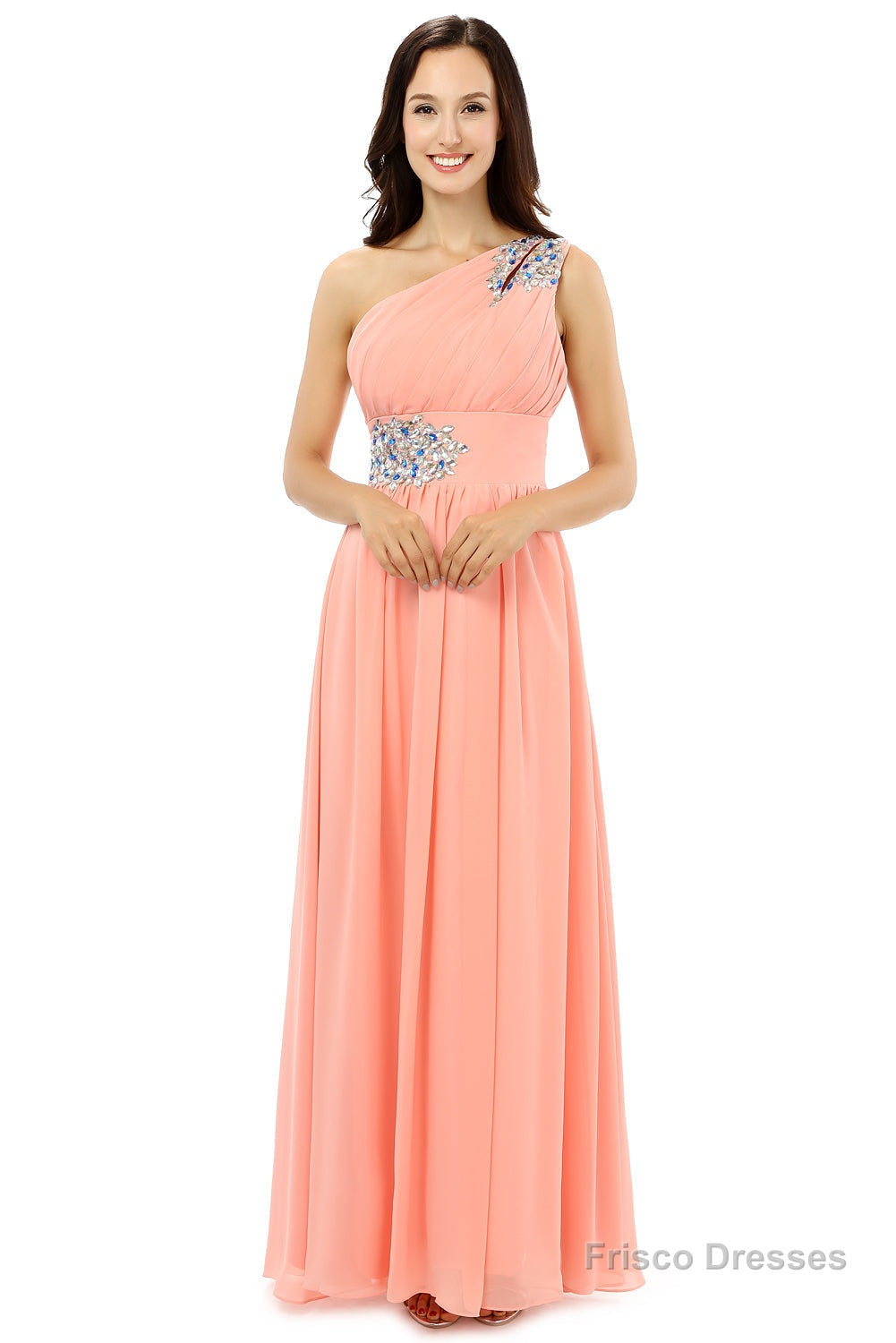 A-line One-shoulder Chiffon Beaded Crystals Coral Bridesmaid Dresses Frisco Dresses A-line One-shoulder Chiffon Beaded Crystals Coral Bridesmaid Dresses Frisco Dresses