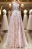 A Line One Shoulder Pink Lace Long Formal Prom Dresses, Pink Lace Formal Dresses, Pink Evening Dresses