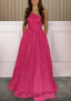 A-line One-Shoulder Sleeveless Sweep Train Sequined Prom Dresses with Pockets