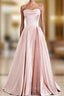 A-Line Pink Satin Strapless Pleats Long Formal Prom Dress