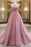 A-Line Pink Tulle Backless Beading Formal Prom Dress
