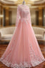 A-Line Pink Tulle Lace Appliques Long Sleeve Formal Prom Dress