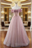 A-line Pink Tulle Off the Shoulder Beading Pleats Formal Prom Dress