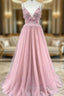 A-Line Pink Tulle Spaghetti Straps Backless Beading Formal Prom Dress
