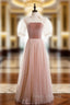A-Line Pink Tulle Velvet High Neck Short Sleeve Formal Prom Dress