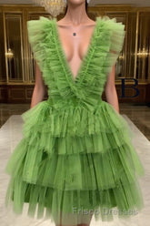 A Line Pink V Neck Tiered Homecoming Dress,Tulle Short Formal Prom Party Dress