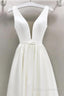 A-Line Plunge Neck Floor Length Satin Wedding Dress