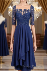 A-Line/Princess Bateau Tea-Length Chiffon Mother of the Bride Dress With Appliques Lace