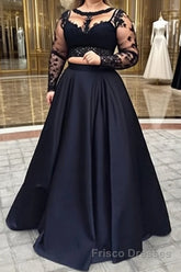 A-Line/Princess Full/Long Sleeve Bateau Long/Floor-Length Satin Formal Prom Dresses With Appliqued