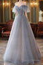 A-Line Princess Grey Beaded Layers Glitter Tulle Long Formal Dress Off Shoulder Formal Prom Dress