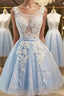A-Line/Princess Scoop Short/Mini Tulle Homecoming Dress With Appliques Lace