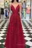 A-Line/Princess Sleeveless V-Neck Floor-Length Applique Tulle Dress