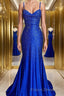 A-Line/Princess Spaghetti Straps Sweep Train Silk like Satin Formal Prom Dress With Ruffles