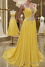 A-Line/Princess Straps Sweep Train Chiffon Formal Prom Dress With Beading