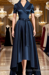 A-Line/Princess V-neck Asymmetrical Satin Mother of the Bride Dress With Belt/Sash