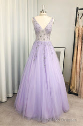 A-line/Princess V Neck Long/Floor-Length Tulle Prom Dresses With Beading Sequins