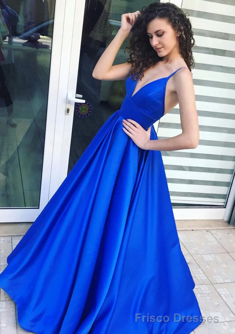 A-line/Princess V Neck Sleeveless Long/Floor-Length Satin Prom Dresses Frisco Dresses A-line/Princess V Neck Sleeveless Long/Floor-Length Satin Prom Dresses Frisco Dresses