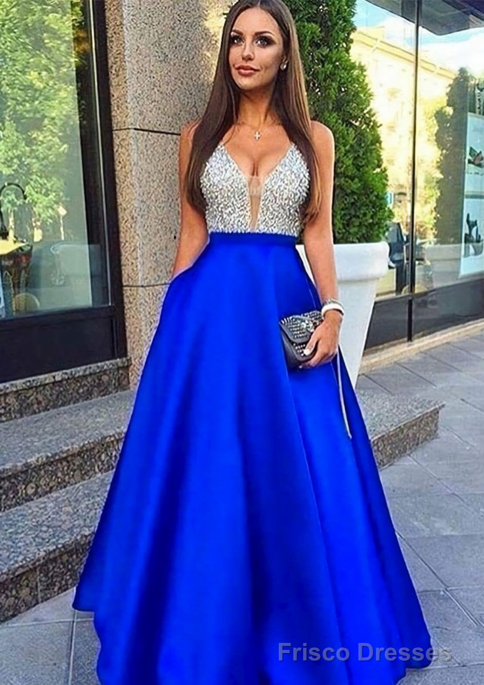 A-line/Princess V Neck Sleeveless Long/Floor-Length Satin Prom Dresses Frisco Dresses A-line/Princess V Neck Sleeveless Long/Floor-Length Satin Prom Dresses Frisco Dresses