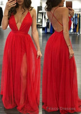A-line/Princess V Neck Sleeveless Sweep Train Tulle Prom Dresses