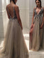 A-Line/Princess V-neck Sweep Train Tulle Evening Dresses With Rhinestone