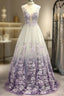 A-Line/Princess V-Neck Tulle Applique Sleeveless Floor-Length Formal Prom Dress