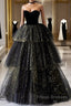 A-Line Formal Prom Dress Black Dress Dress Formal Birthday Floor Length Sleeveless Strapless Tulle With Ruched Sequin