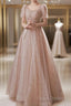 A-Line Formal Prom Dress Elegant Dress Engagement Formal Prom Floor Length Half Sleeve Square Neck Satin With Appliques