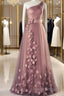 A-Line Formal Prom Dress Elegant Dress Wedding Floor Length Sleeveless One Shoulder Tulle With Appliques