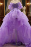 A-Line Formal Prom Dress High Low Dress Quinceanera Asymmetrical Purple Short Sleeve Off Shoulder Tulle With Tier