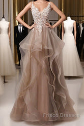 A-Line Formal Prom Dress Open Back Dress Formal Wedding Party Floor Length Sleeveless Spaghetti Strap Lace With Ruffles Appliques