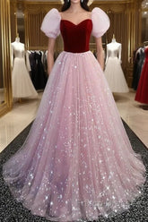 A-Line Formal Prom Dress Princess Dress Formal Prom Floor Length Short Sleeve Sweetheart Tulle With Sequin